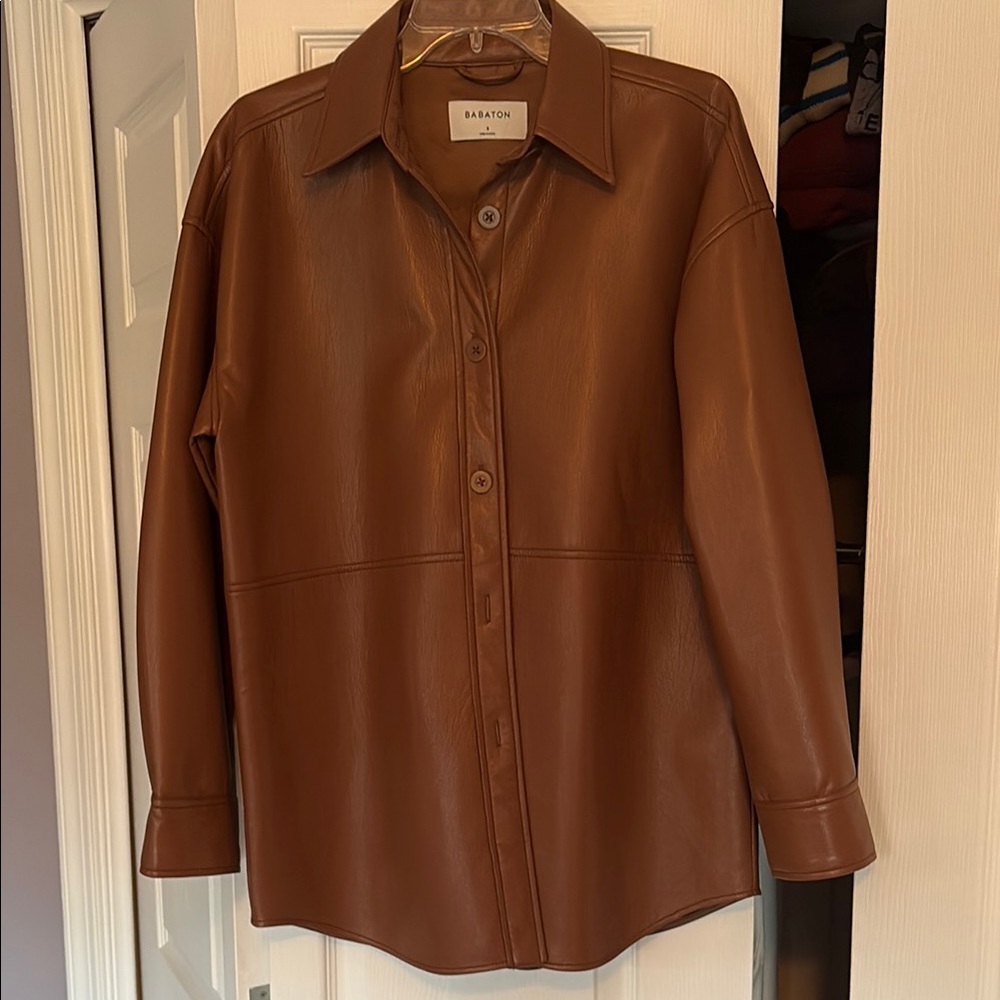 Aritzia Babaton Cognac Brown “Ganna” Faux Leather Shirt Jacket